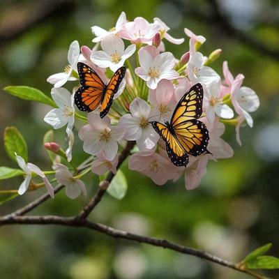 The primary subject of the image is a tree with pink flowers, where two butterflies are perched. The setting is a natural environment, with the tree being the main object of focus. The visual style is a photo, capturing the beauty of the butterflies and the tree with pink flowers. The colors and mood of the image are predominantly pink, creating a warm and serene atmosphere.